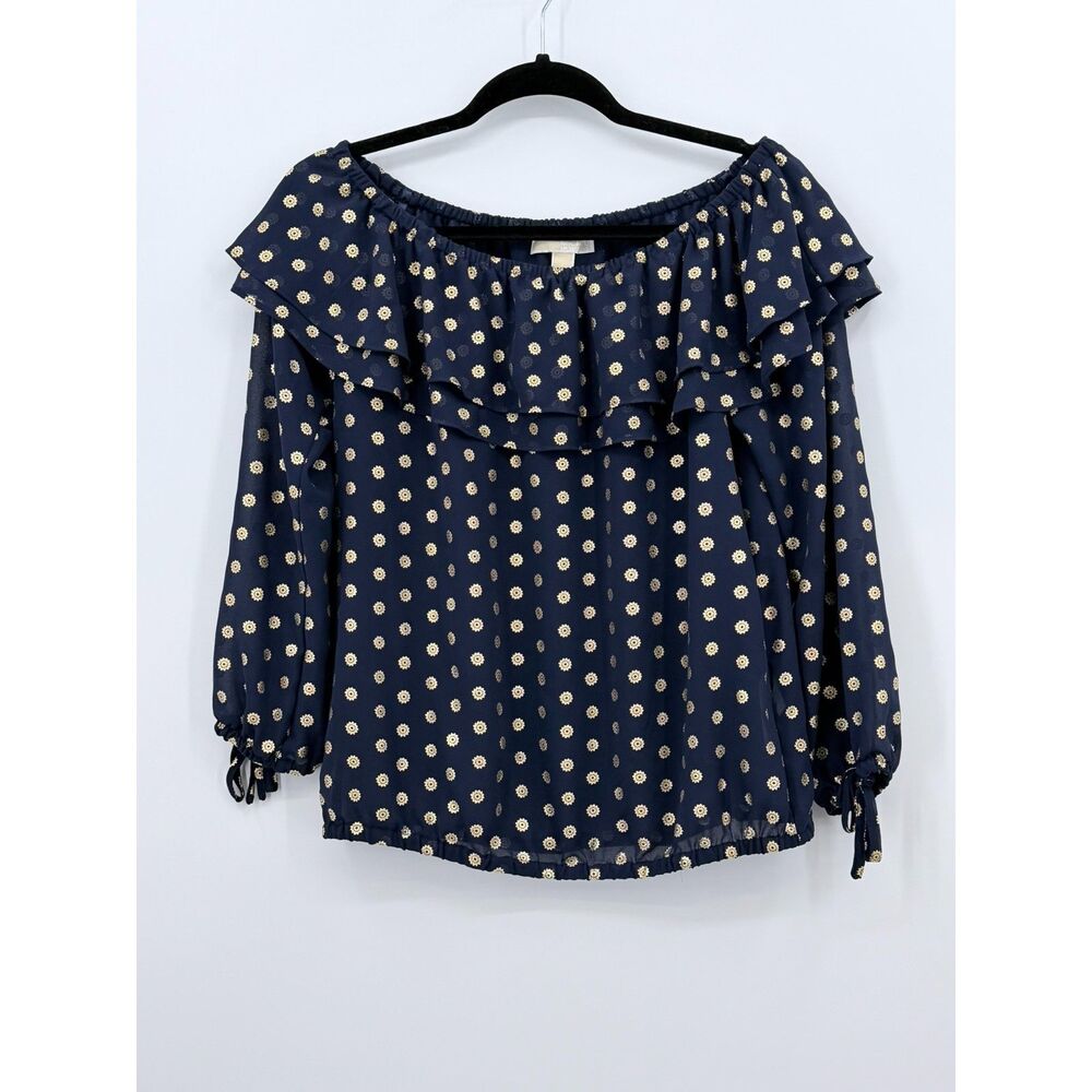Michael Kors Navy Gold Medallion Off Shoulder Blouse Peasant Work Small Ruffle